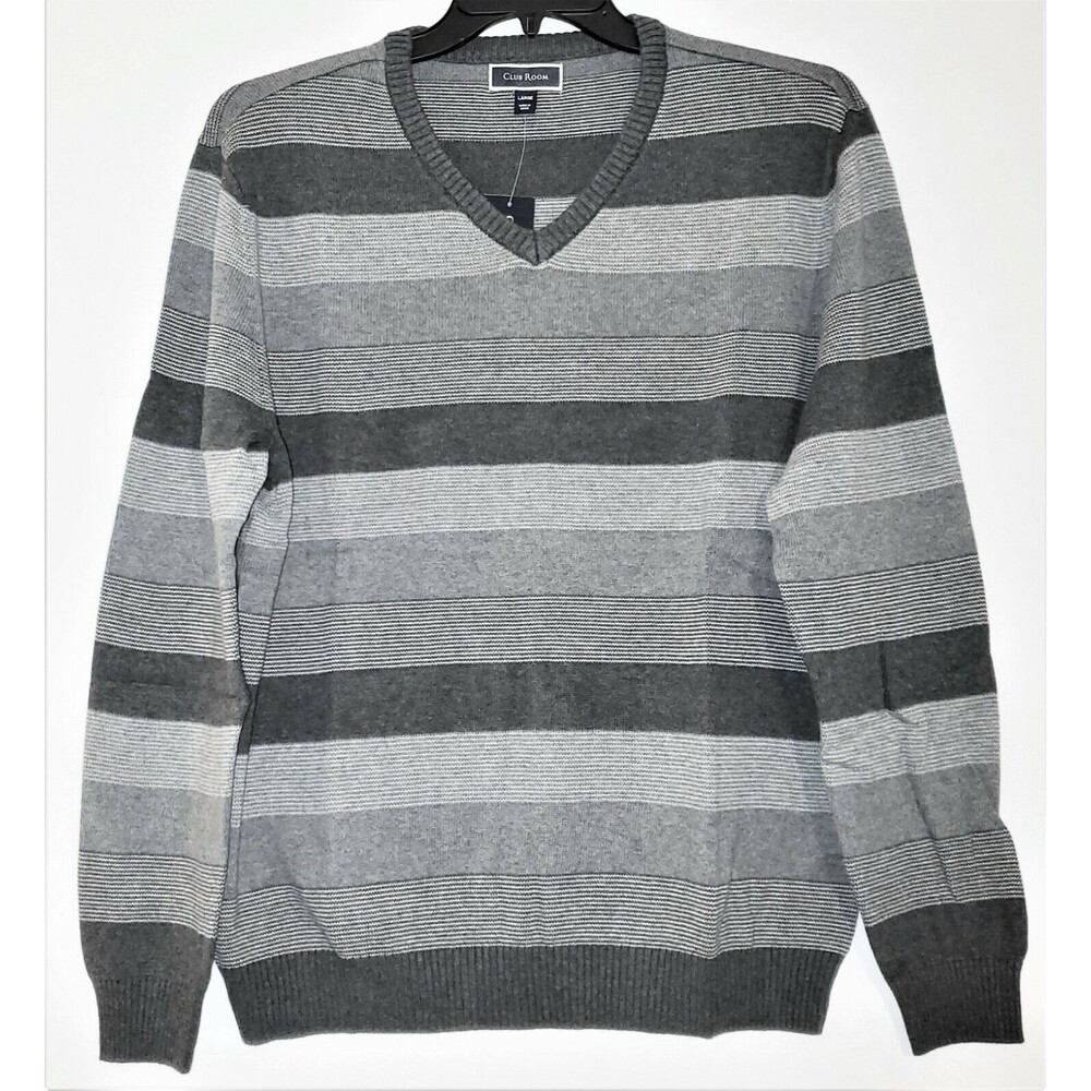 Men's Sweater Club Room Long Sleeve Gray Striped Large Size 100% Cotton